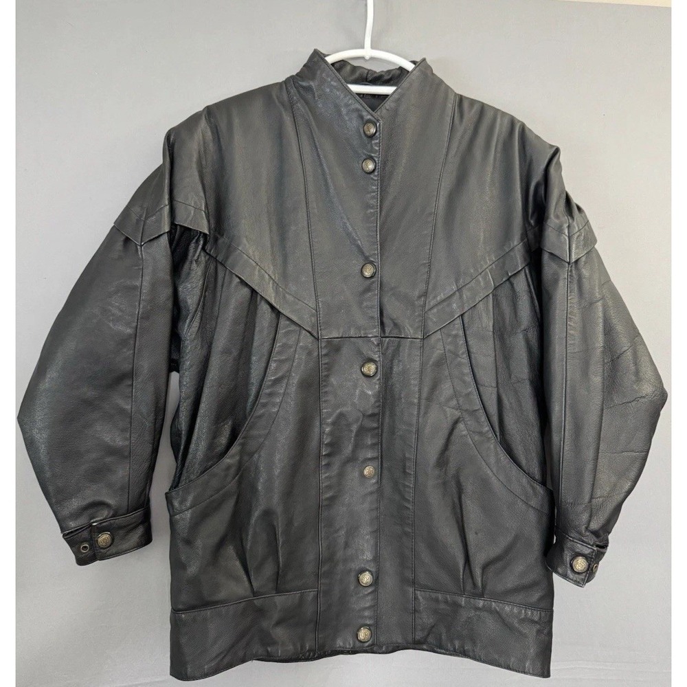 Vintage Leather Snap Jacket Womens Petite Small PS Insulated Retro Biker 90s Y2K
